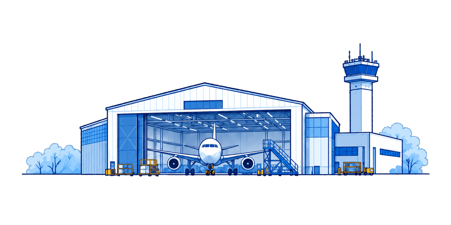 Illustration of an aviation hangar and airport facility