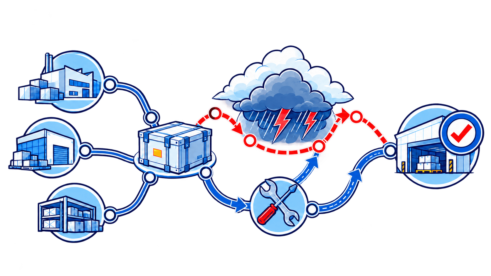 Illustration of an aircraft component moving through aviation supply chain facilities
