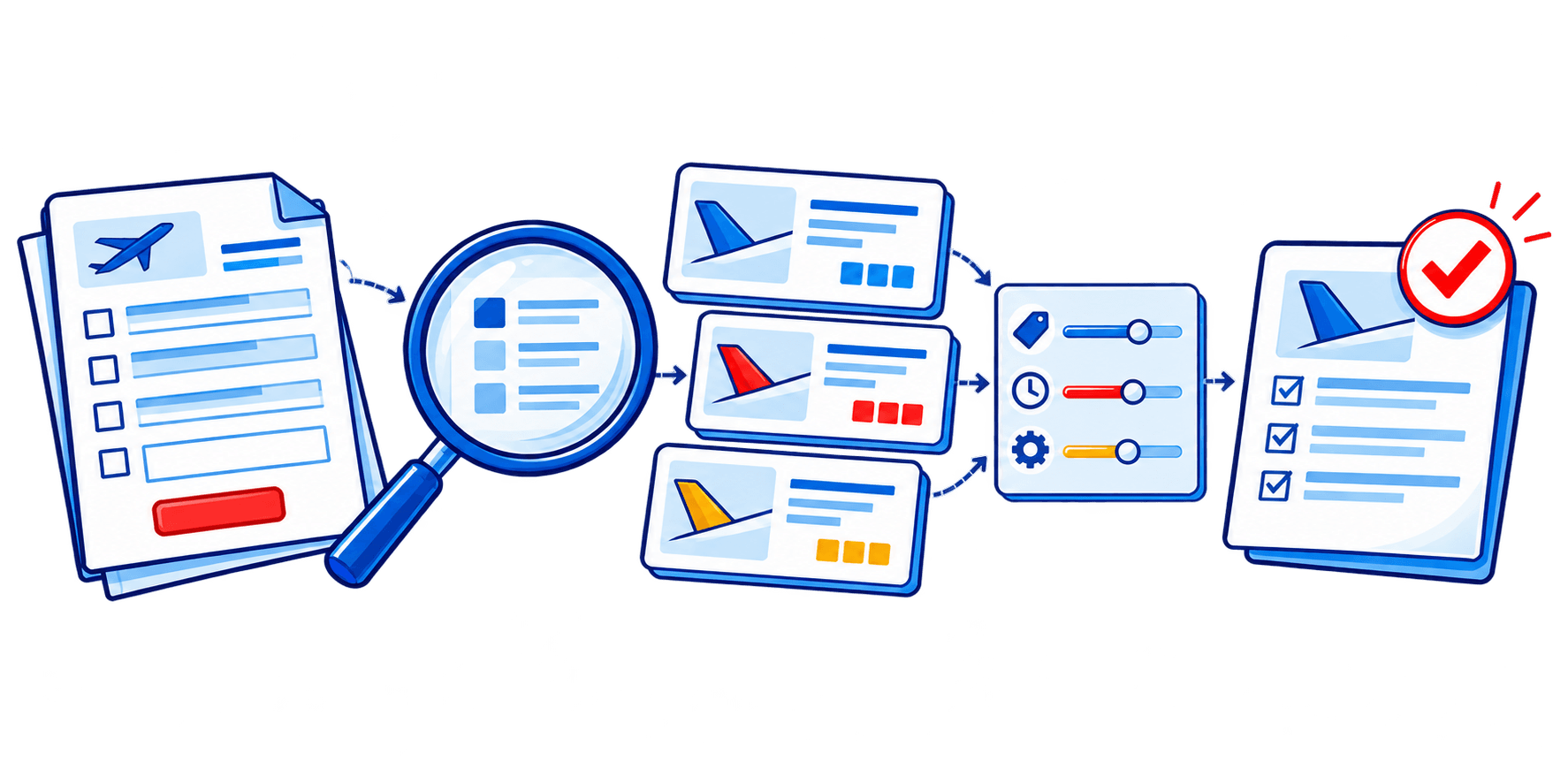 Illustration of an aviation sourcing request connected to component offers and approval