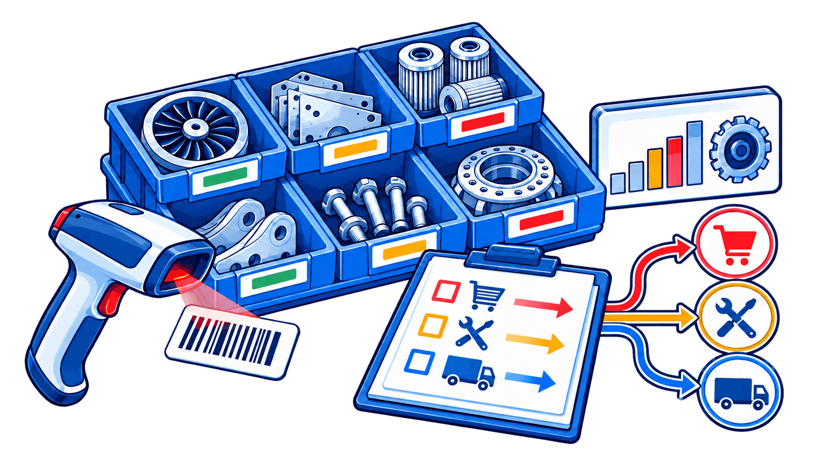 Illustration of organized aircraft parts inventory shelves and stock tracking