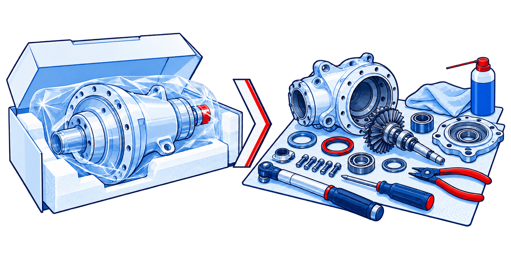 Illustration comparing a new aircraft component with a serviced overhauled component