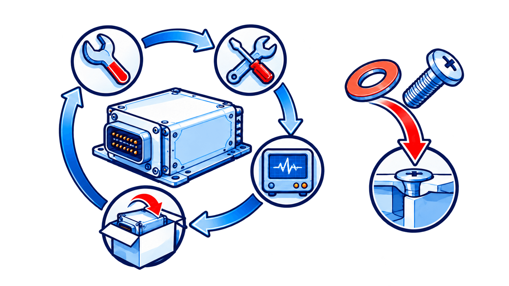 Illustration of a reusable aircraft actuator and grouped expendable hardware