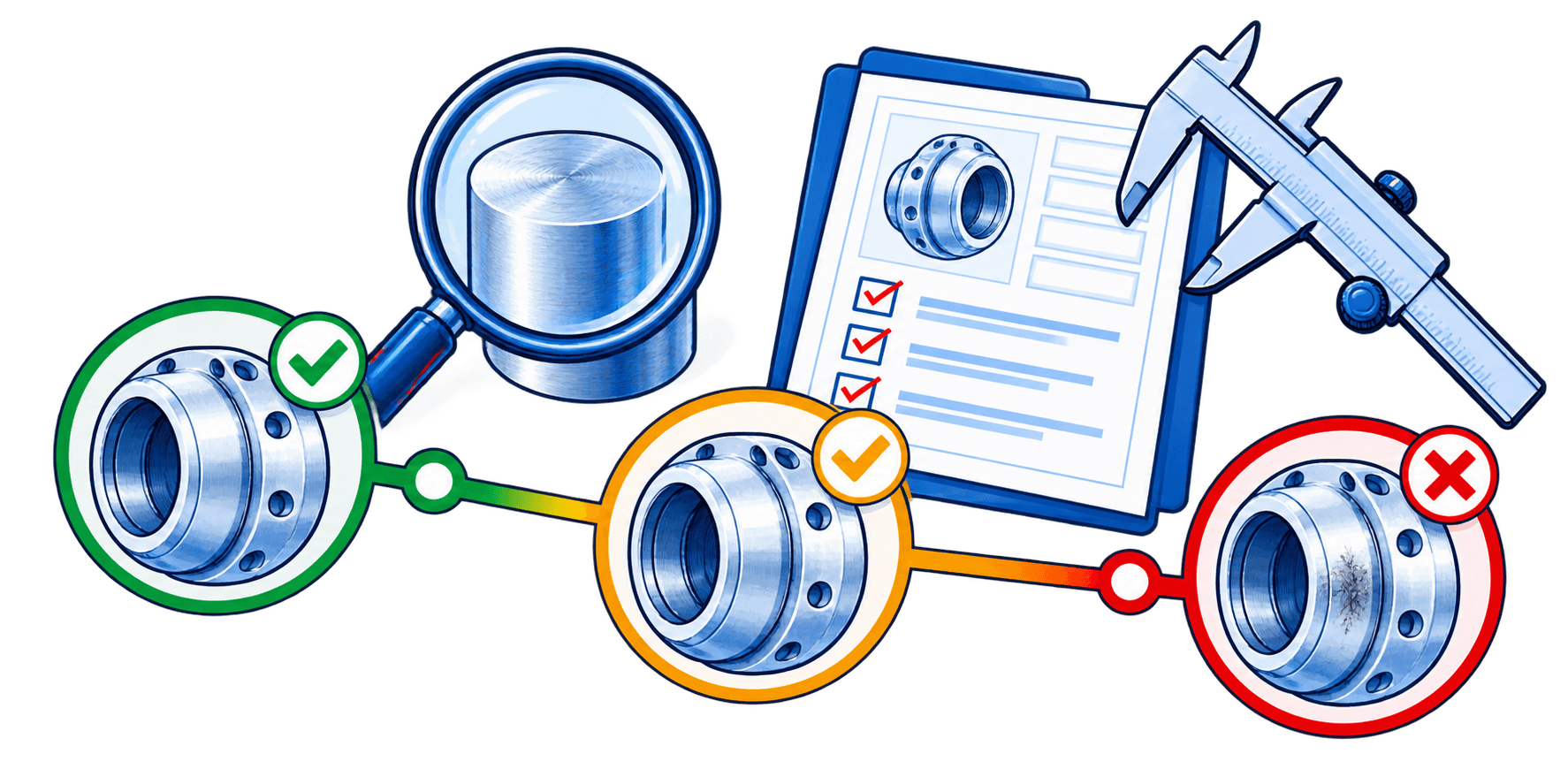 Illustration of an aircraft component being inspected with a magnifying glass and checklist
