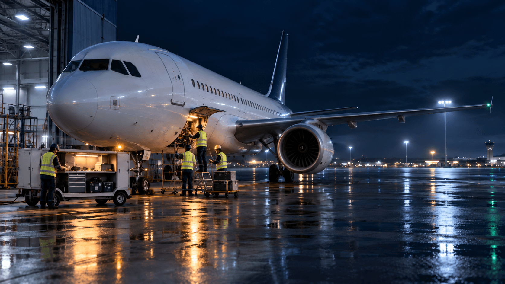 Aircraft receiving urgent maintenance support at night
