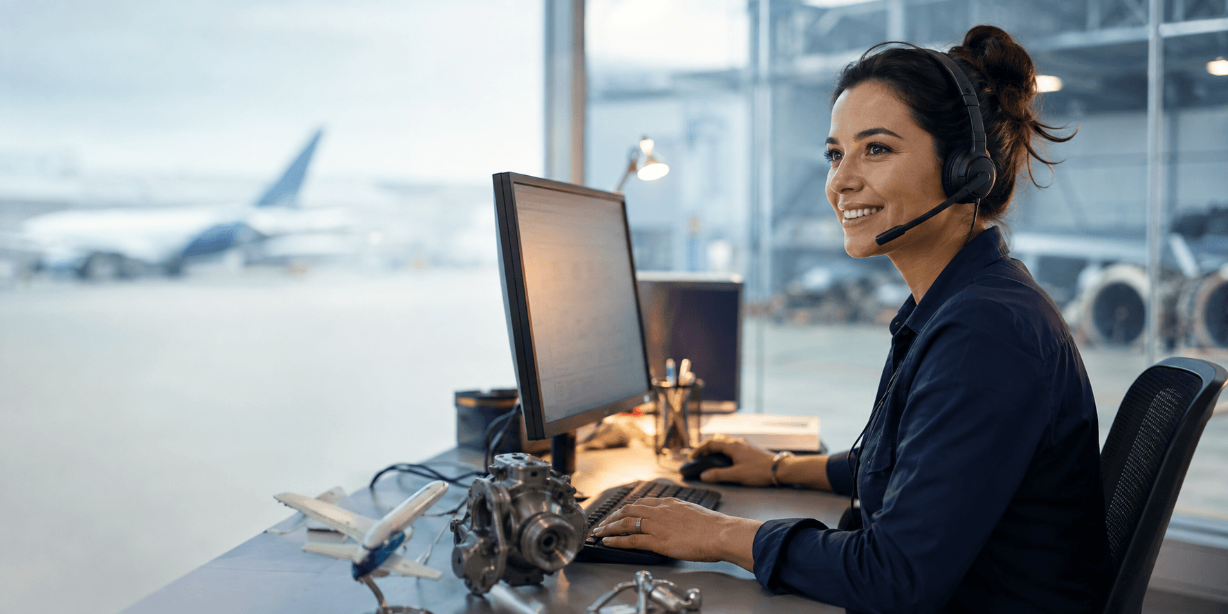 Customer service specialist wearing a headset at an airport desk