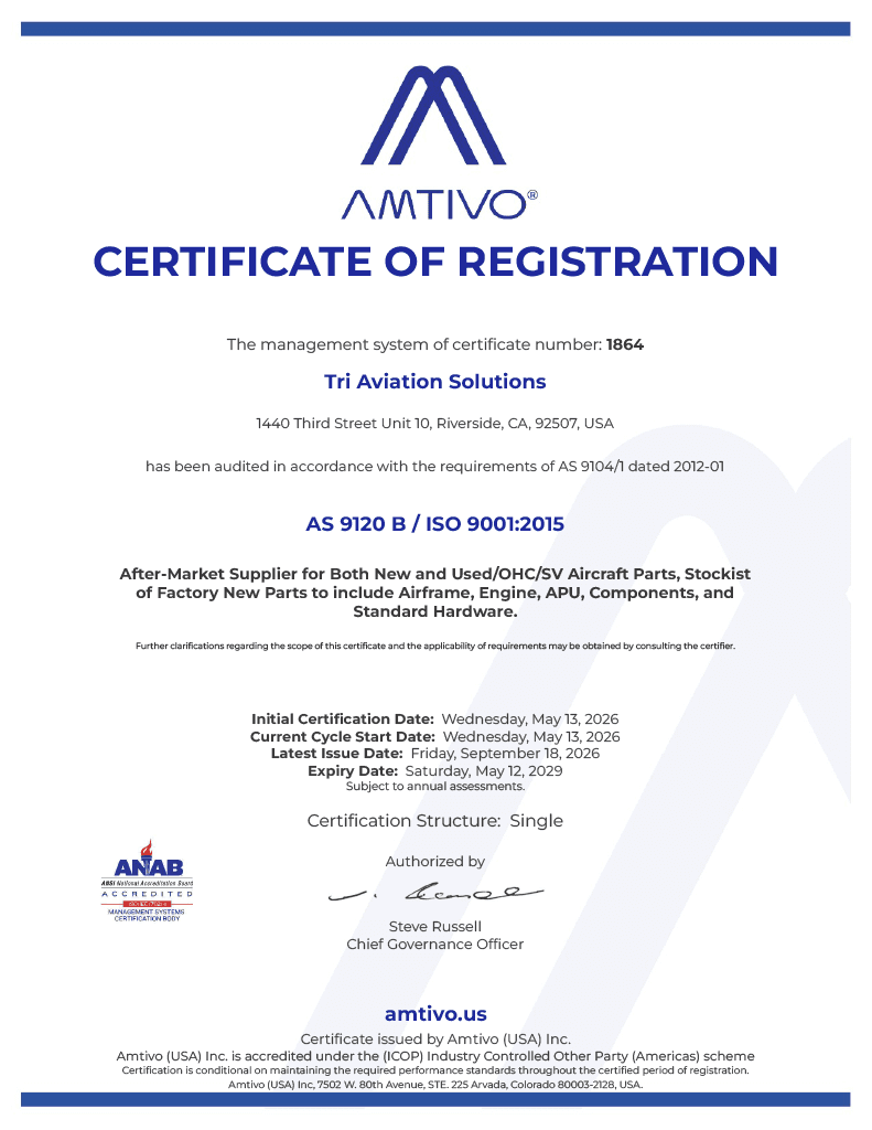 Tri Aviation Solutions certificate of registration for AS 9120 B / ISO 9001:2015